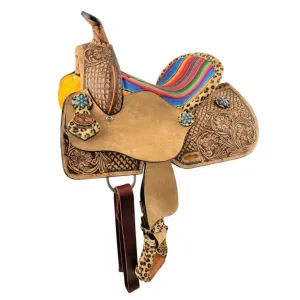 12"  DOUBLE T  BARREL STYLE WESTERN SADDLE WITH SERAPE & CHEETAH ACCENTS