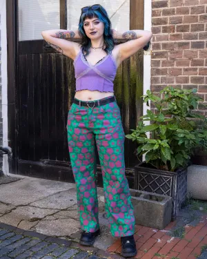 90's Green Magic Flower Wide Leg Stretch Jeans