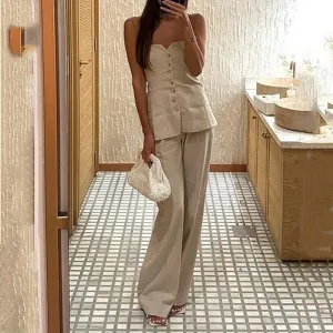 Advbridge 2 Piece Set Woman Suit Strapless Casual Tube Top Wide Leg Pants Sleeveless Solid Color For Office Button Summer Outfits