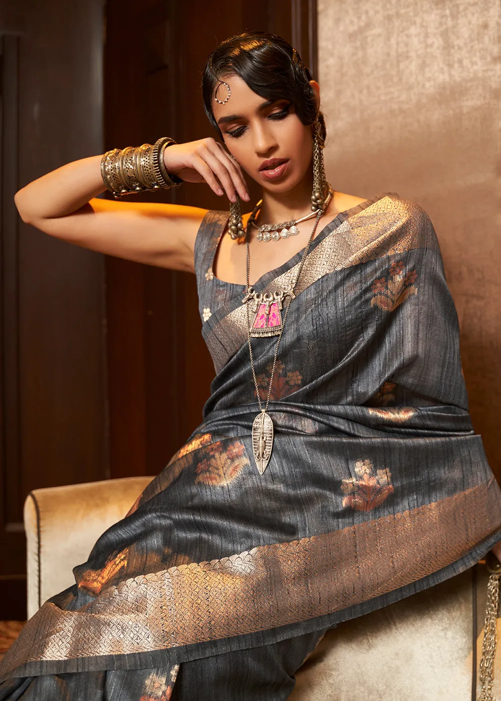 Anchor Grey Handloom Weaving Silk Saree