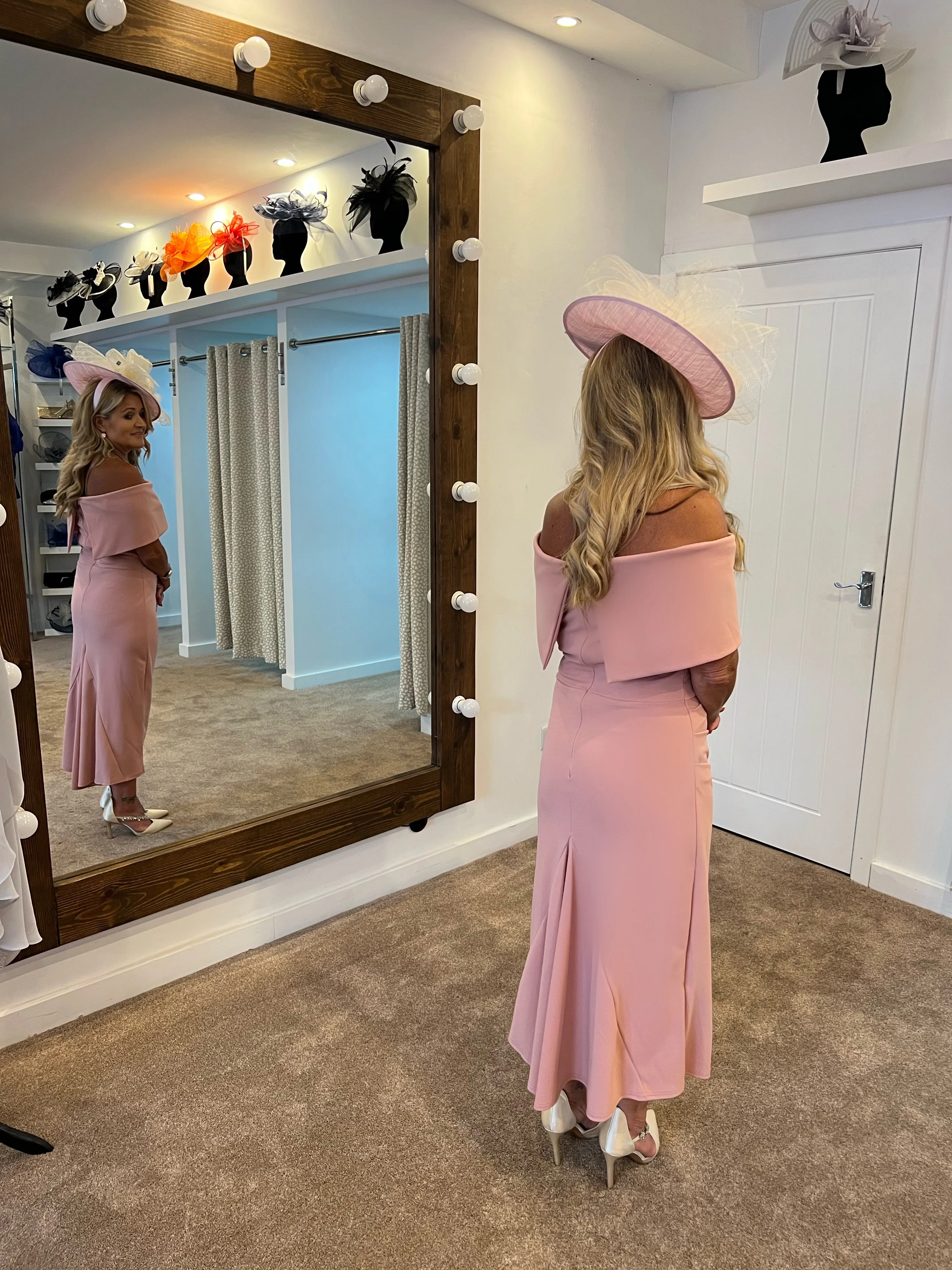 Beth blush pink Bardot dip hemline midi dress