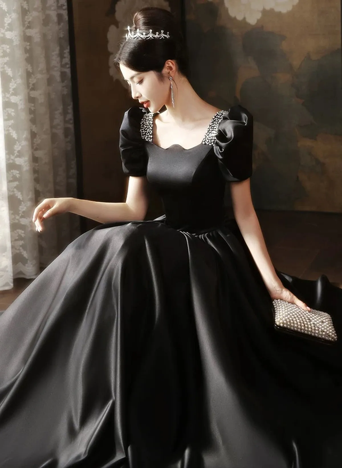 Black Short Sleeves Beaded A-line Satin Prom Dress, Black Satin Party Dress