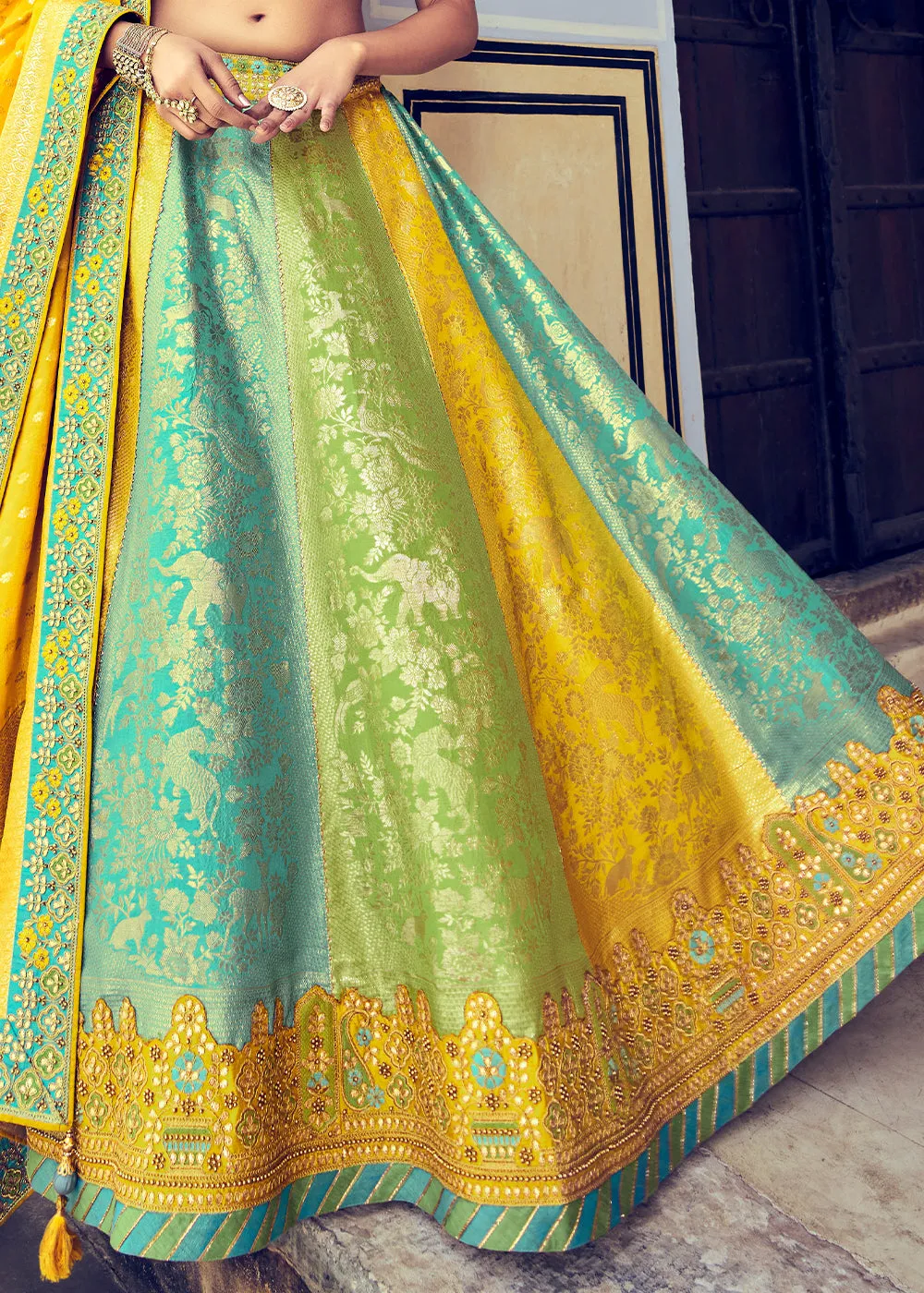 Blue & Yellow Banarasi Silk Lehenga Choli with Khatli and Heavy Embroidered work