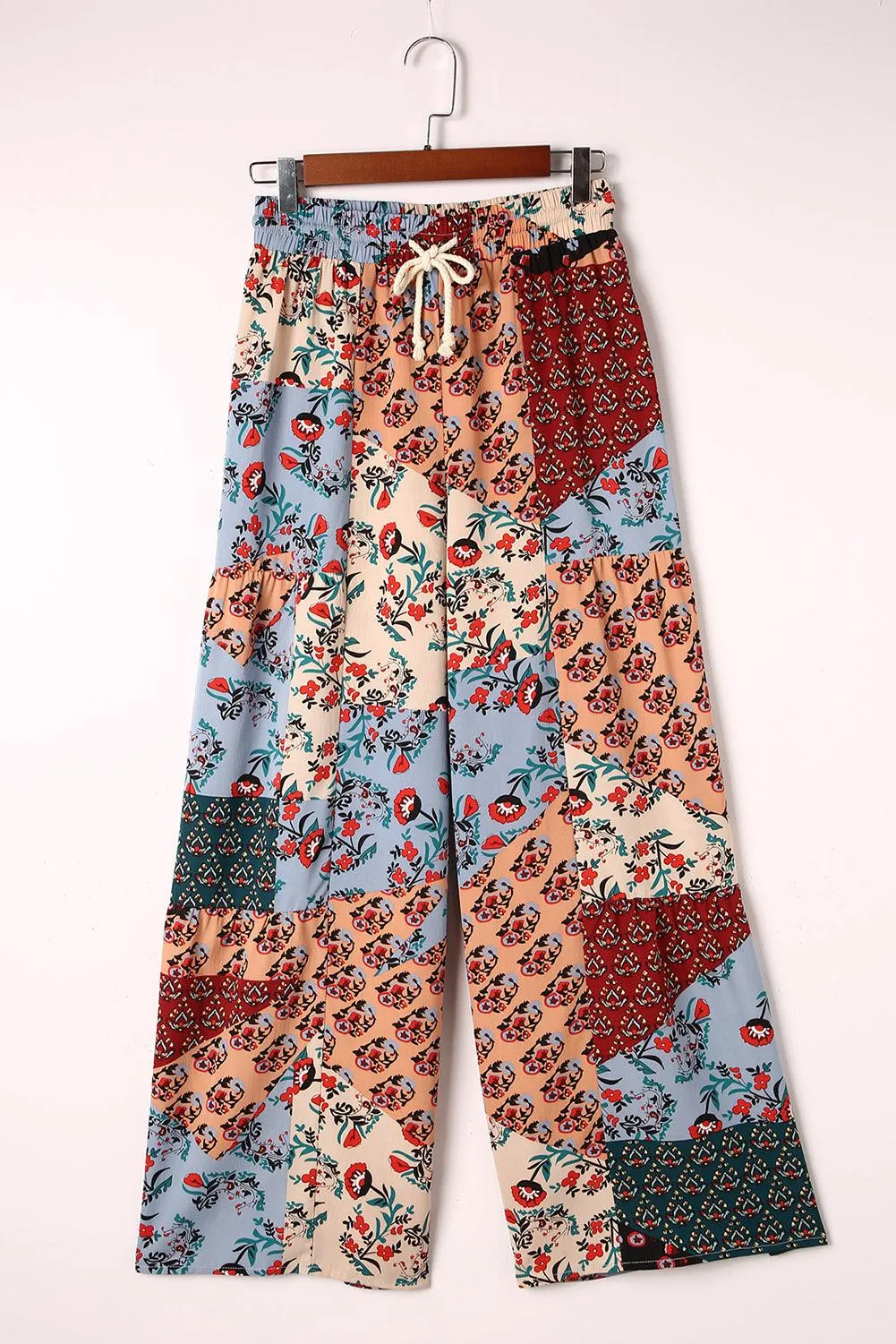 Bohemian Patchwork Drawstring Wide Leg Pants