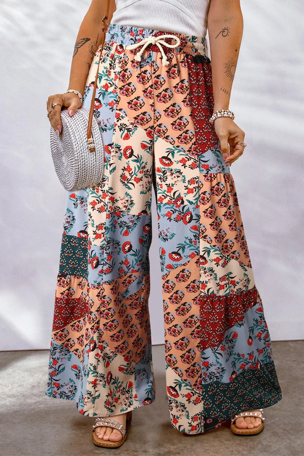 Bohemian Patchwork Drawstring Wide Leg Pants