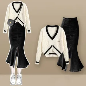 Chic Colorblock Crop Knit Sweater Fishtail Denim Skirt Two Piece Set