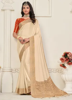 Cream White Woven Chinon Silk Saree