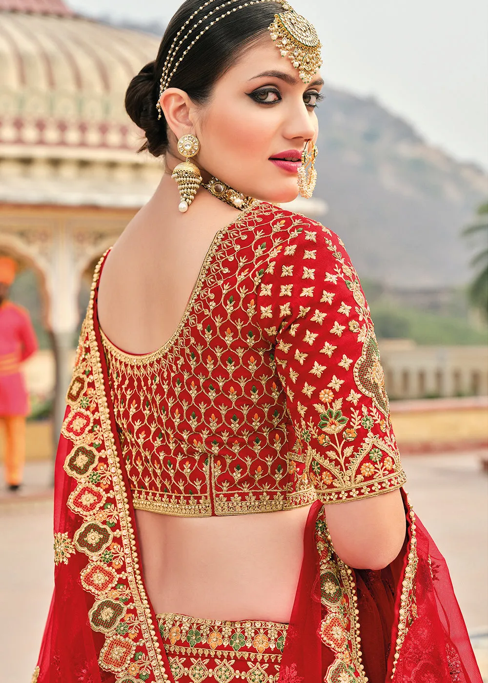 Crimson Red Banarasi Silk Lehenga Choli with Heavy Embroidery Work