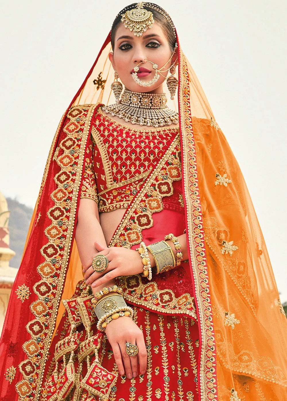 Crimson Red Banarasi Silk Lehenga Choli with Heavy Embroidery Work