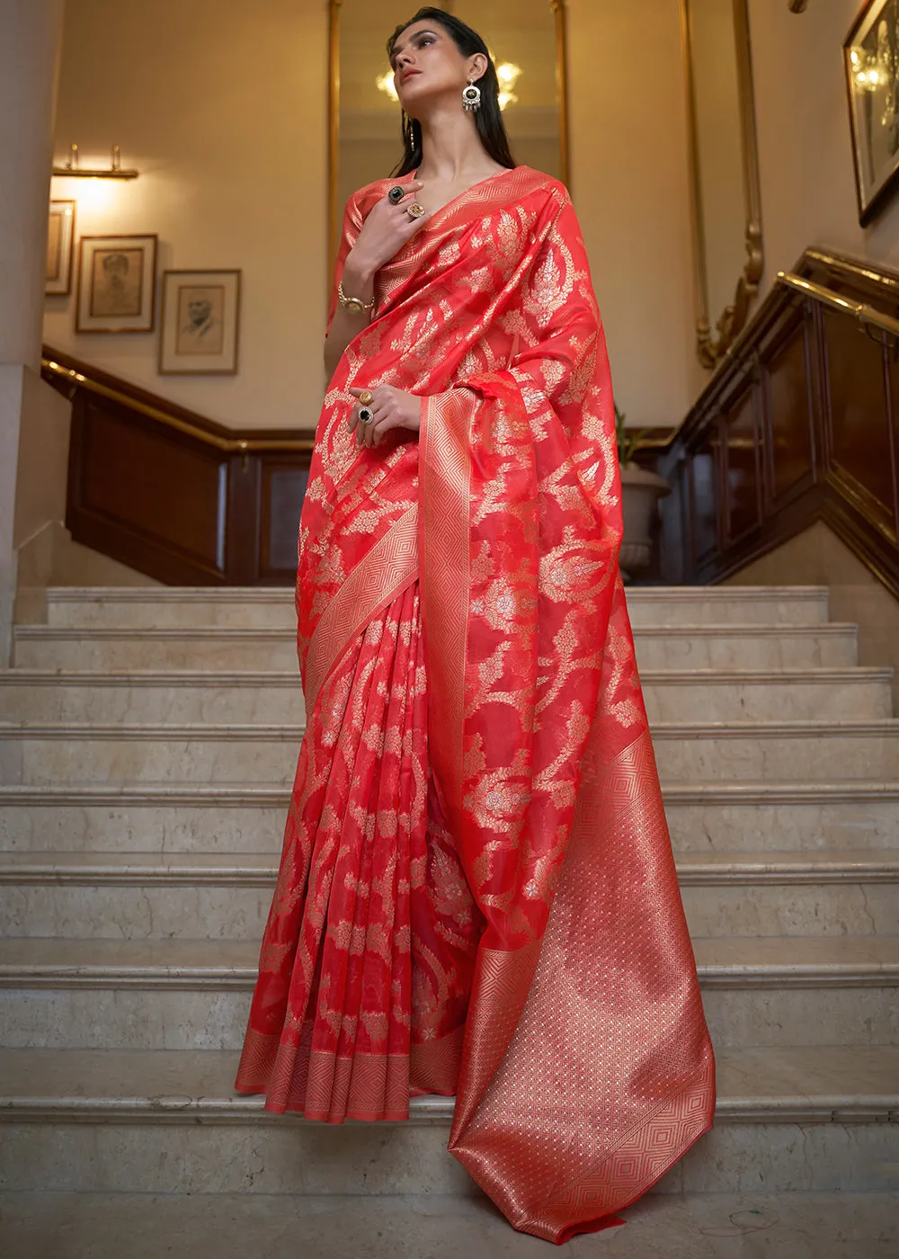 Crimson Red Two Tone Handloom Woven Organza Silk Saree