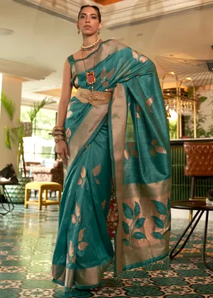 Dark Cyan Green Zari Woven Handloom Weaving Silk Saree