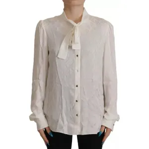 Dolce & Gabbana White Patterned Silk Ascot Collar Blouse Top