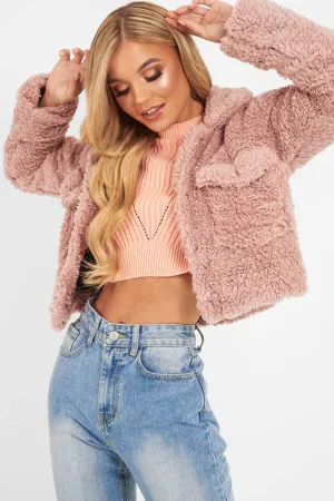 Dusky Pink Cropped Borg Popper Button Coat - Ezmerelda