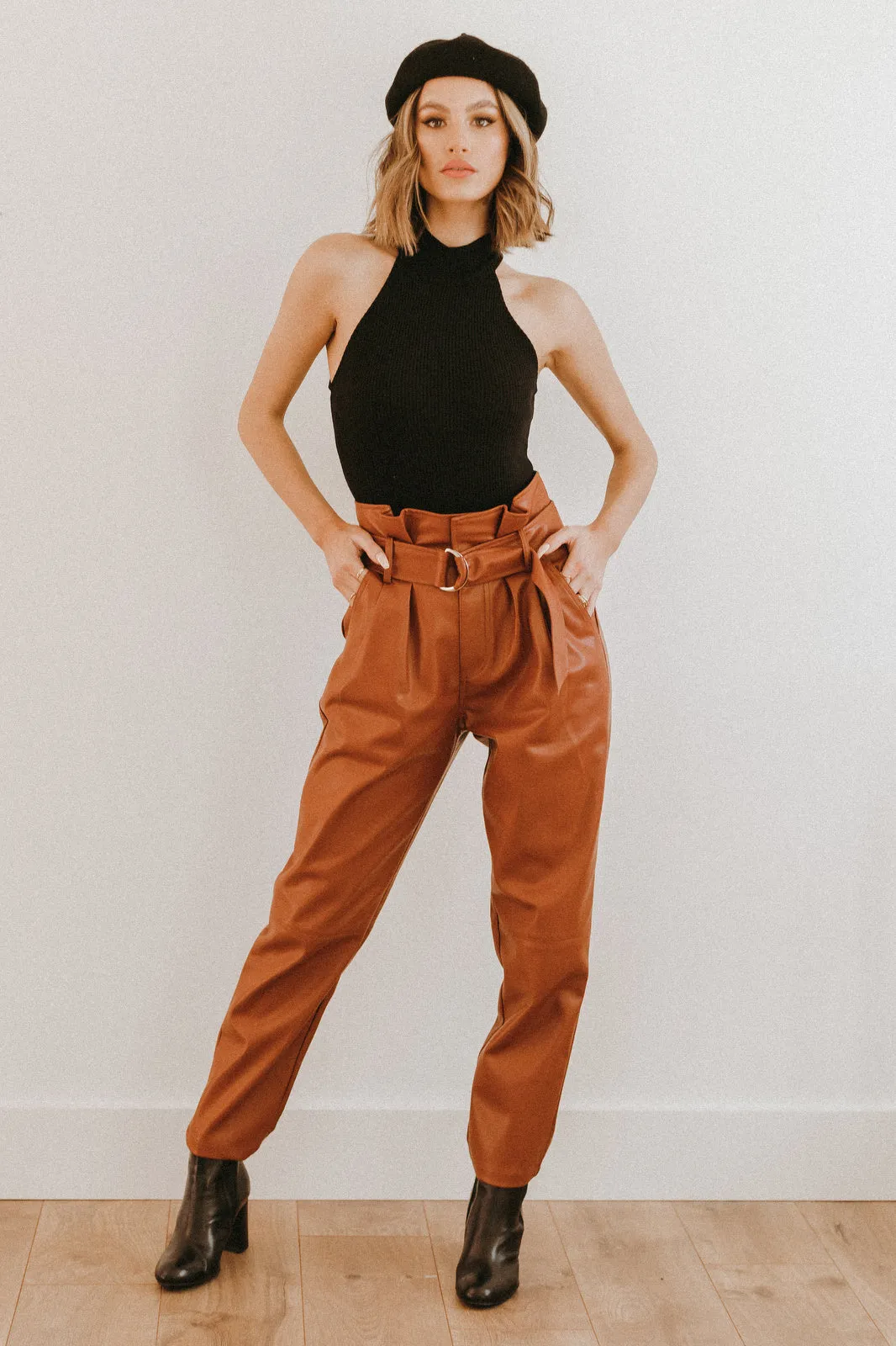 Elan Faux Leather Paper Bag Waist Pants