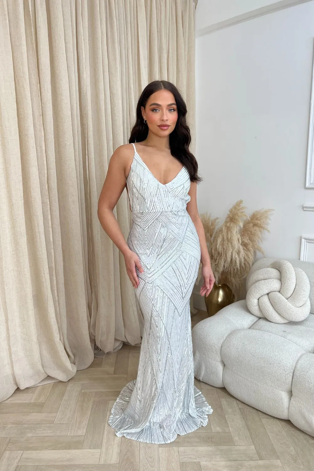 Endless Silver & White Luxe Sequin Backless Hourglass Mermaid Fishtail Maxi Gown Dress