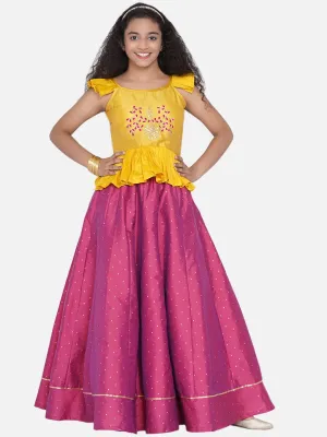 Girl's Mustard & Fuchsia Embroidered Ready to Wear Lehenga - NOZ2TOZ KIDS