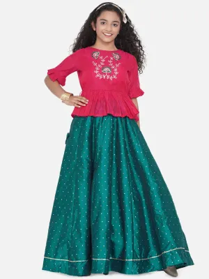 Girl's Pink & Green Embroidered Ready to Wear Lehenga Choli - NOZ2TOZ KIDS