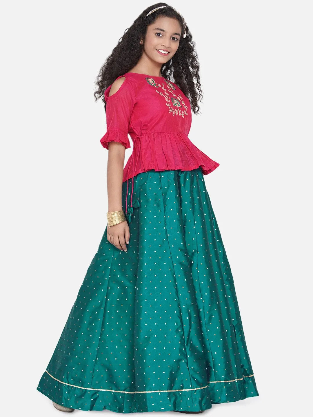 Girl's Pink & Green Embroidered Ready to Wear Lehenga Choli - NOZ2TOZ KIDS