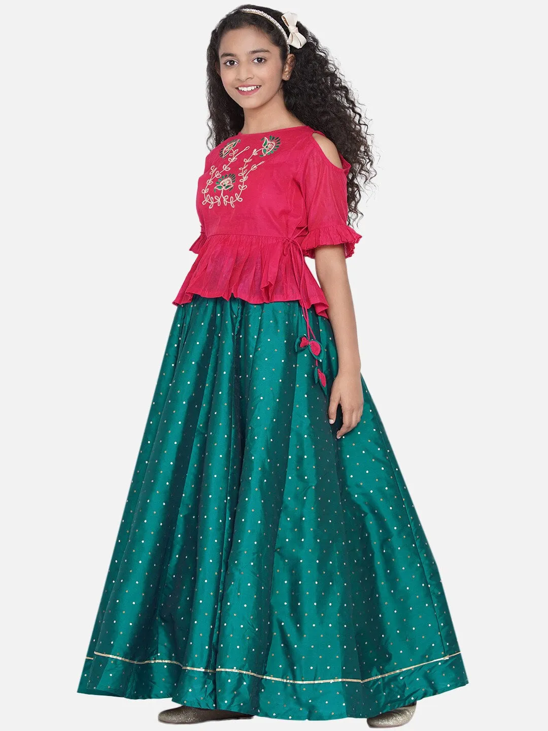 Girl's Pink & Green Embroidered Ready to Wear Lehenga Choli - NOZ2TOZ KIDS