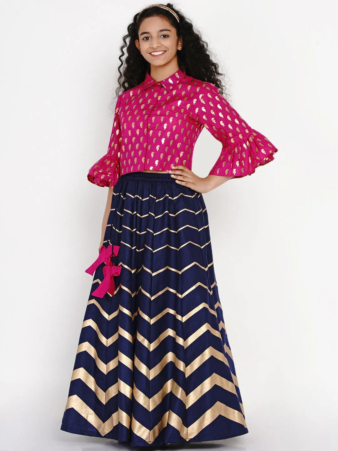 Girl's Pink & Navy Blue Printed Block Print Ready To Wear Lehenga - NOZ2TOZ KIDS