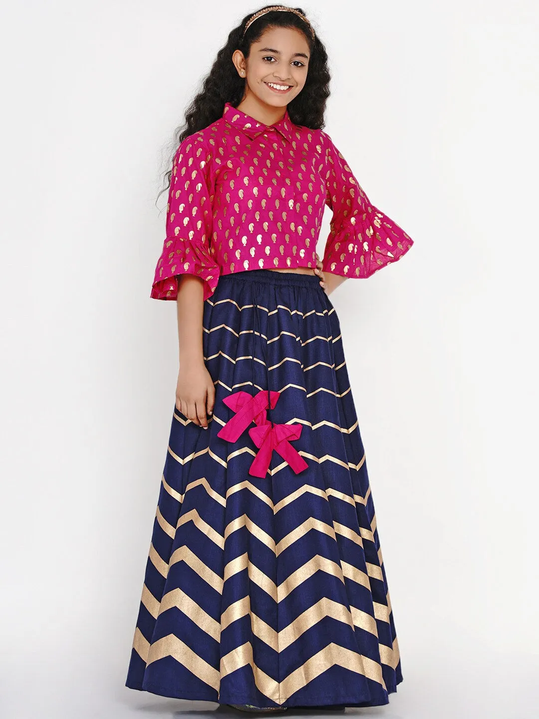 Girl's Pink & Navy Blue Printed Block Print Ready To Wear Lehenga - NOZ2TOZ KIDS