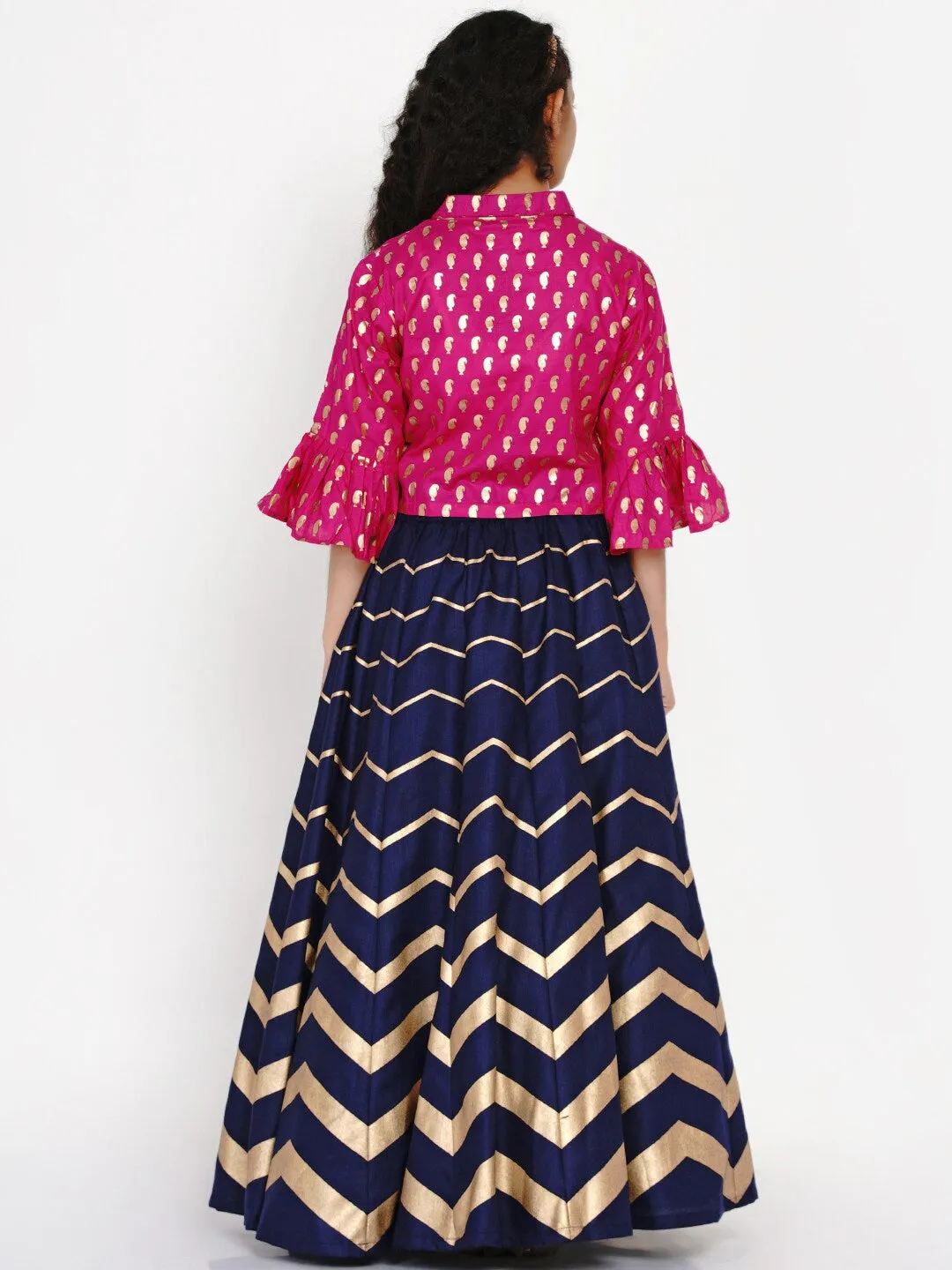 Girl's Pink & Navy Blue Printed Block Print Ready To Wear Lehenga - NOZ2TOZ KIDS