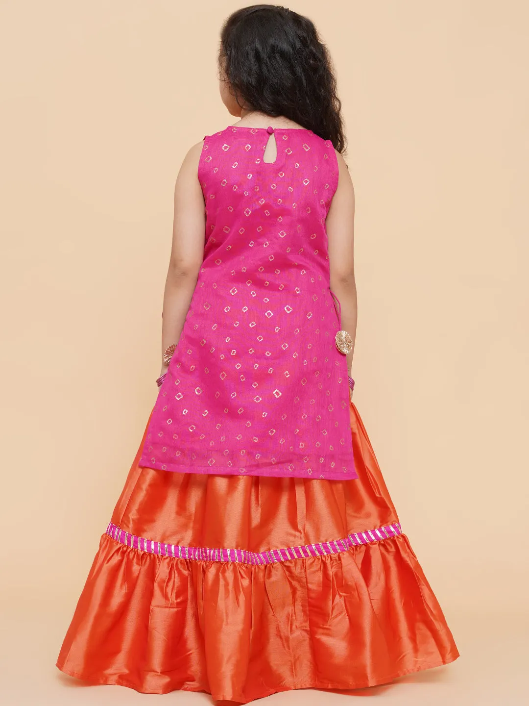 Girls Pink & Orange Printed Ready To Wear Lehenga Choli - Bitiya By Bhama