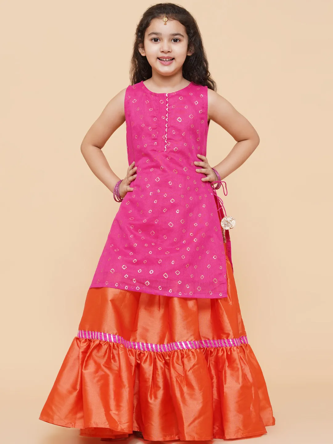 Girls Pink & Orange Printed Ready To Wear Lehenga Choli - Bitiya By Bhama