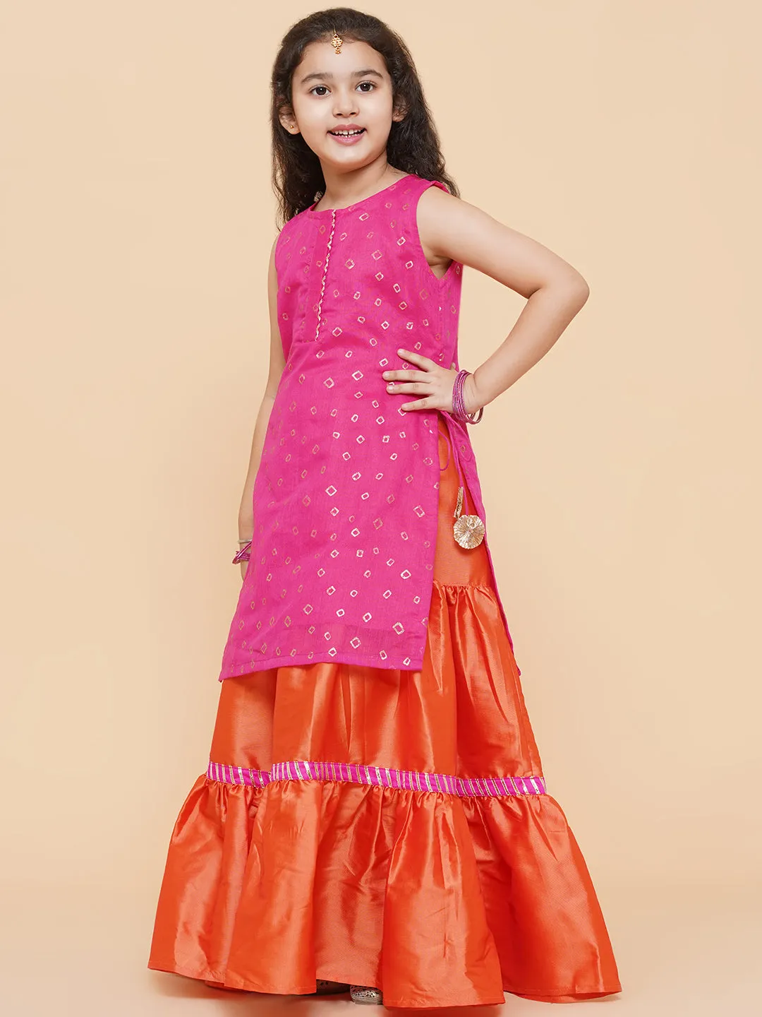 Girls Pink & Orange Printed Ready To Wear Lehenga Choli - Bitiya By Bhama