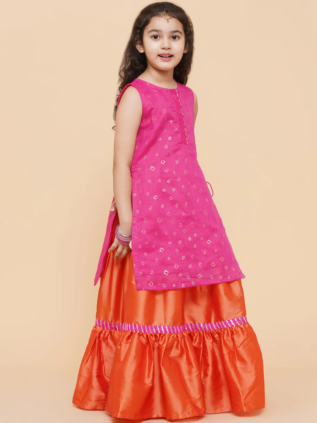 Girls Pink & Orange Printed Ready To Wear Lehenga Choli - Bitiya By Bhama