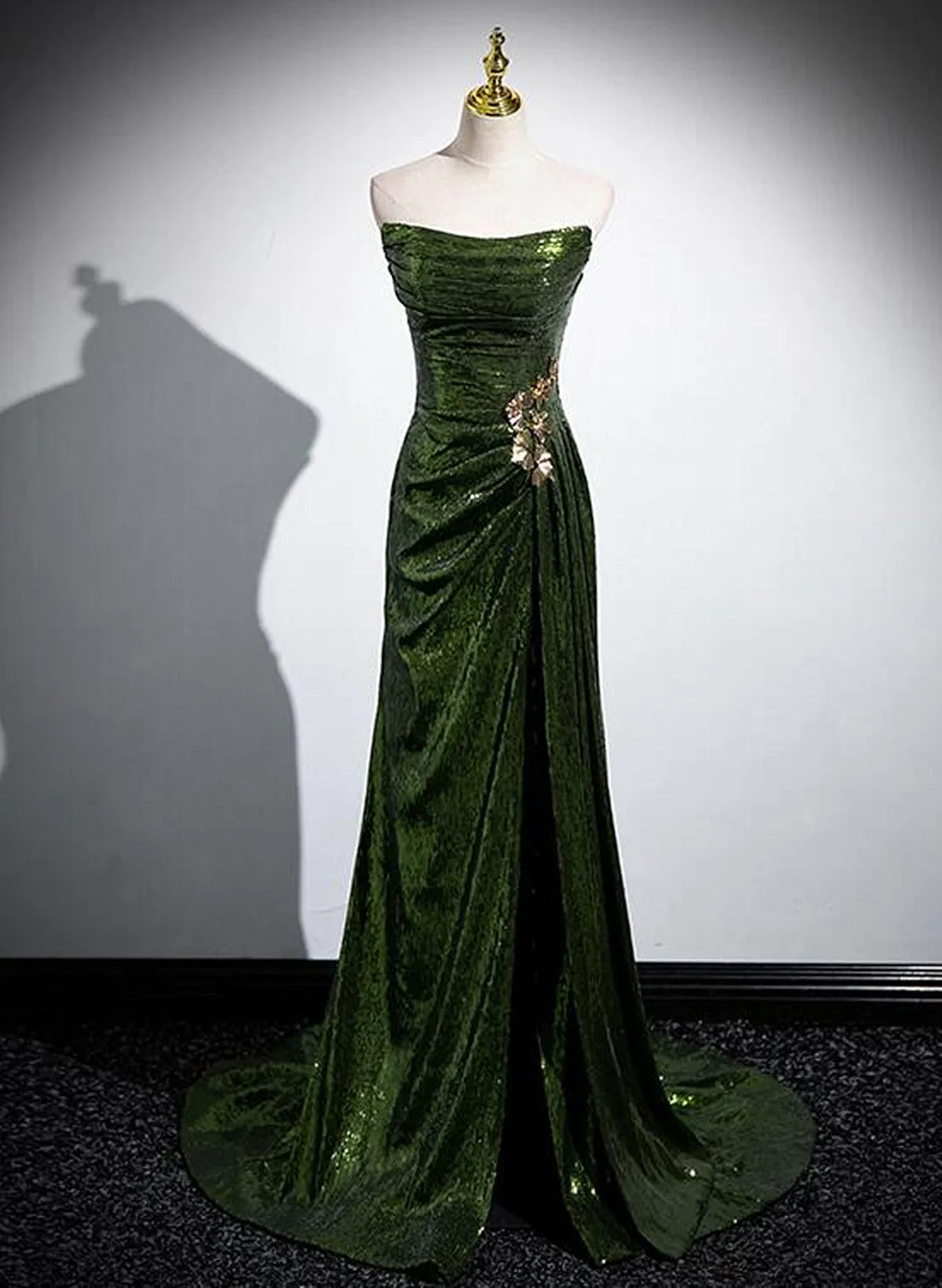 Green Sequins Mermaid Long Prom Dress with Leg Slit, Green Sequins Party Dress