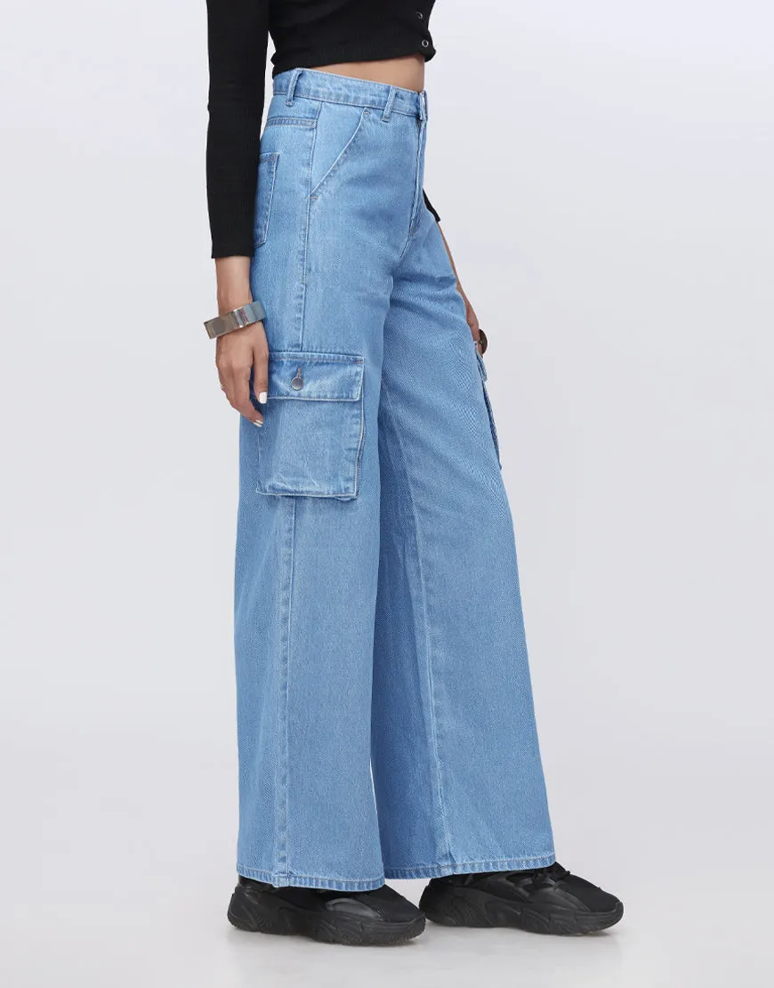 High Rise Wide Leg Cargo Medium Wash