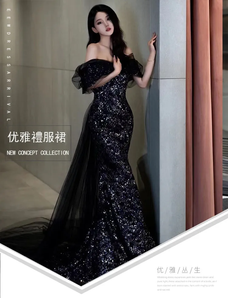 IKEARLAX  Fishtail Banquet Evening Dress  New  Entry Lux Niche Temperament Catwalk Performance Costumes off-the-Shoulder Gown Black