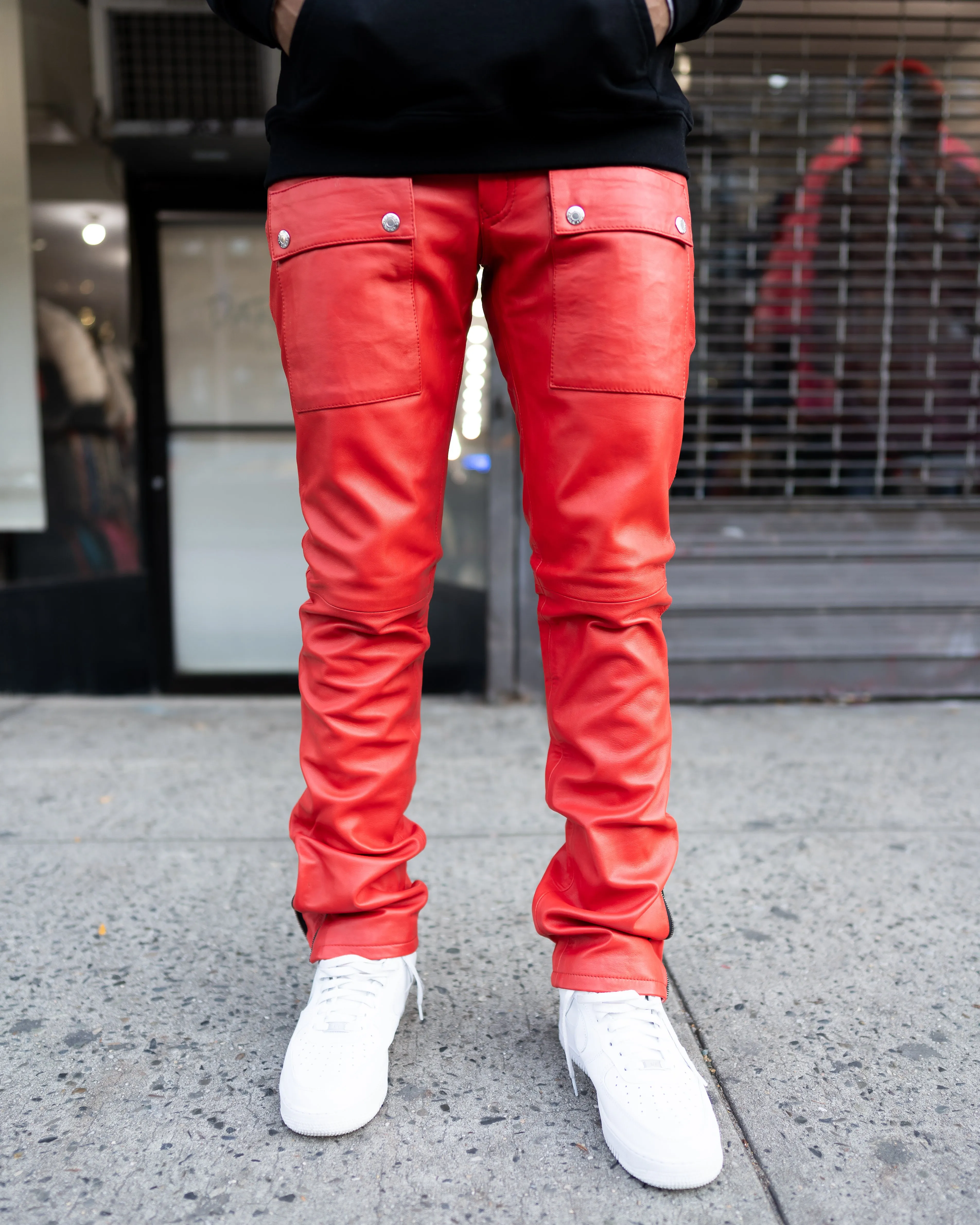 LEATHER PANTS- RED STACKED