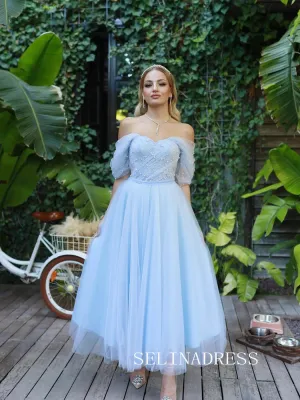 Light Sky Blue Off-the-shoulder Prom Dresses Pearl Tulle Ankle-length Formal Dresses SKO001