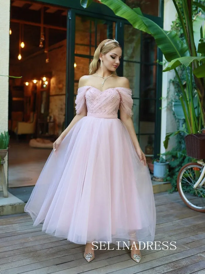 Light Sky Blue Off-the-shoulder Prom Dresses Pearl Tulle Ankle-length Formal Dresses SKO001