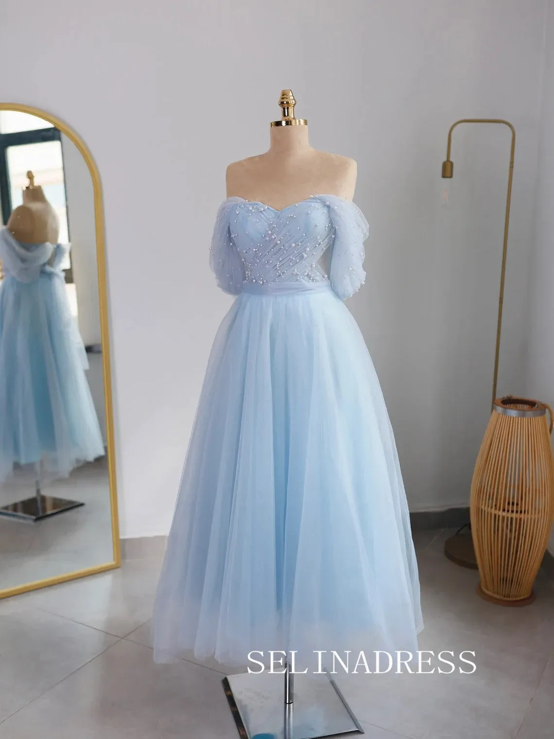 Light Sky Blue Off-the-shoulder Prom Dresses Pearl Tulle Ankle-length Formal Dresses SKO001