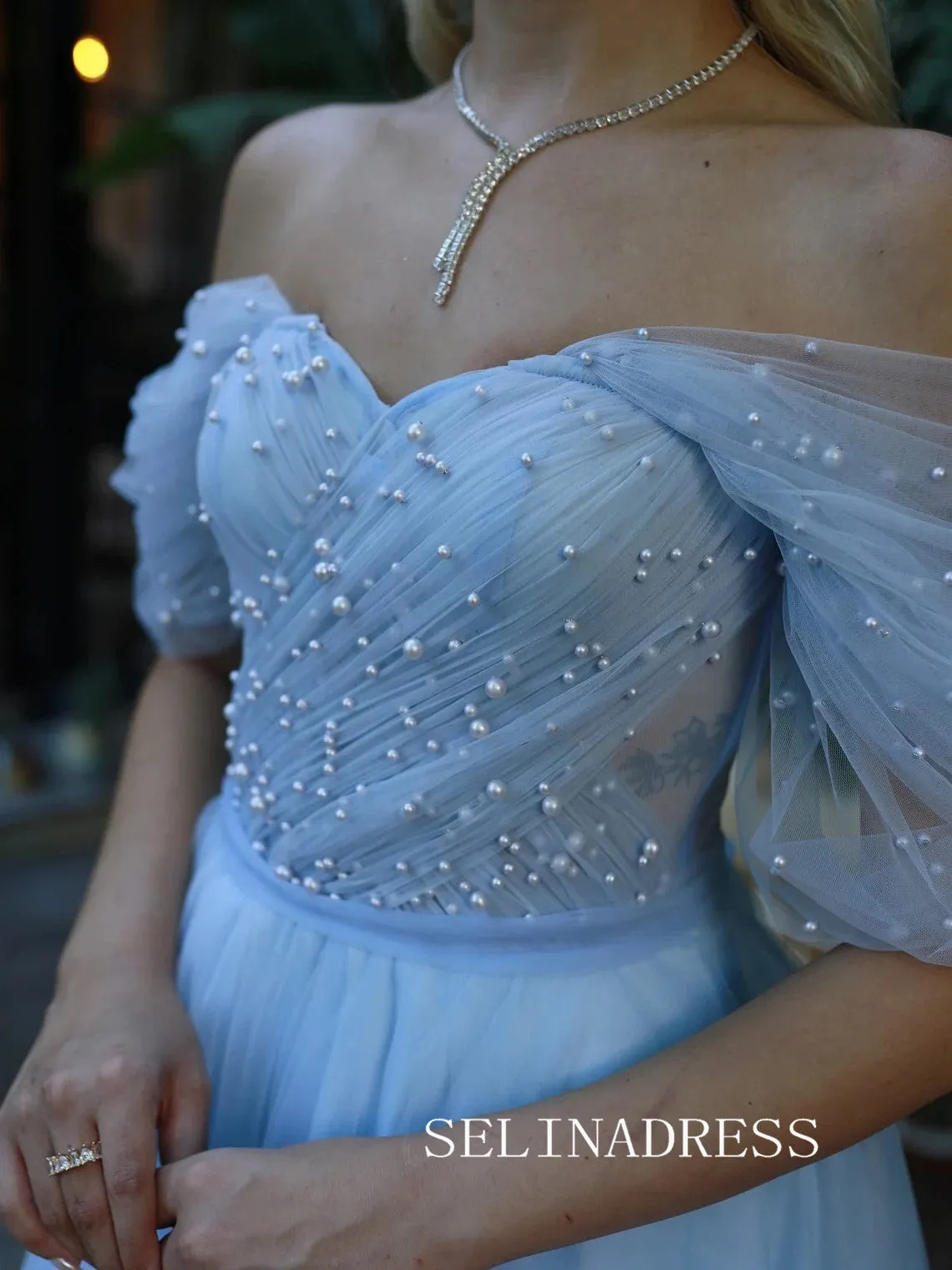 Light Sky Blue Off-the-shoulder Prom Dresses Pearl Tulle Ankle-length Formal Dresses SKO001