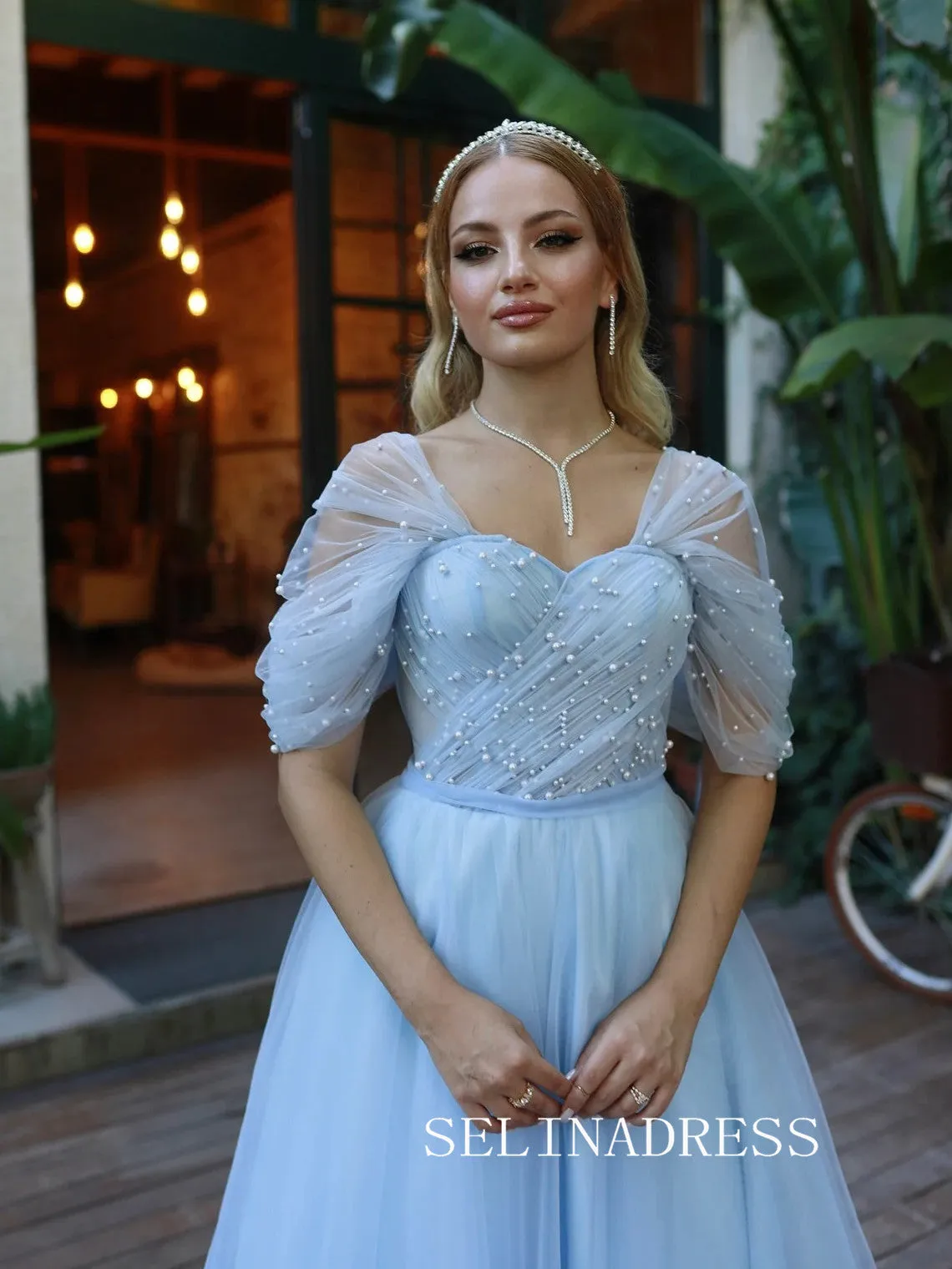 Light Sky Blue Off-the-shoulder Prom Dresses Pearl Tulle Ankle-length Formal Dresses SKO001