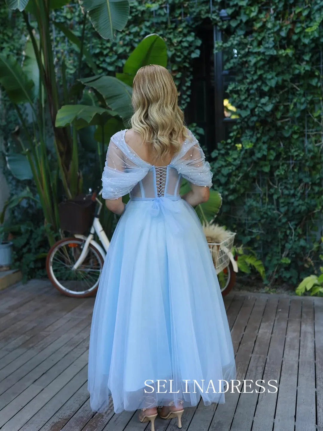 Light Sky Blue Off-the-shoulder Prom Dresses Pearl Tulle Ankle-length Formal Dresses SKO001