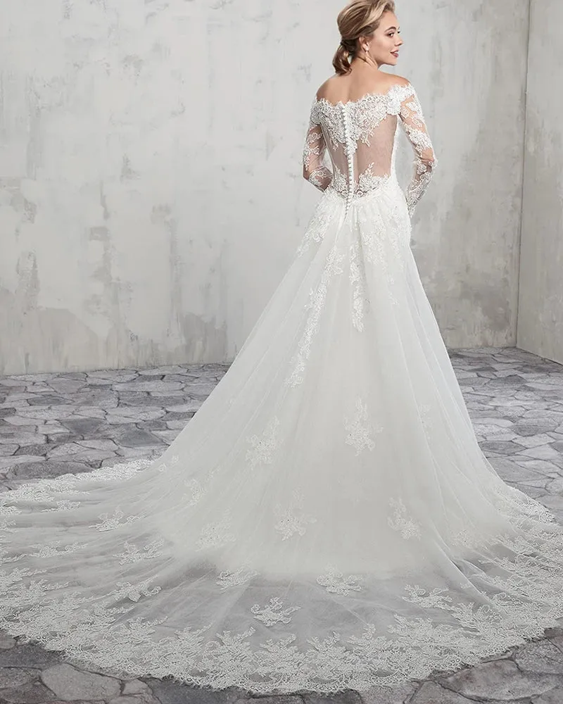 Long Sleeve Off Shoulder Mermaid Wedding Dress With Detachable Train