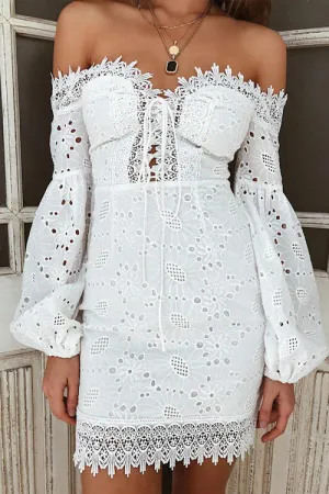 Love Swept White Lace Puff Sleeve Dress