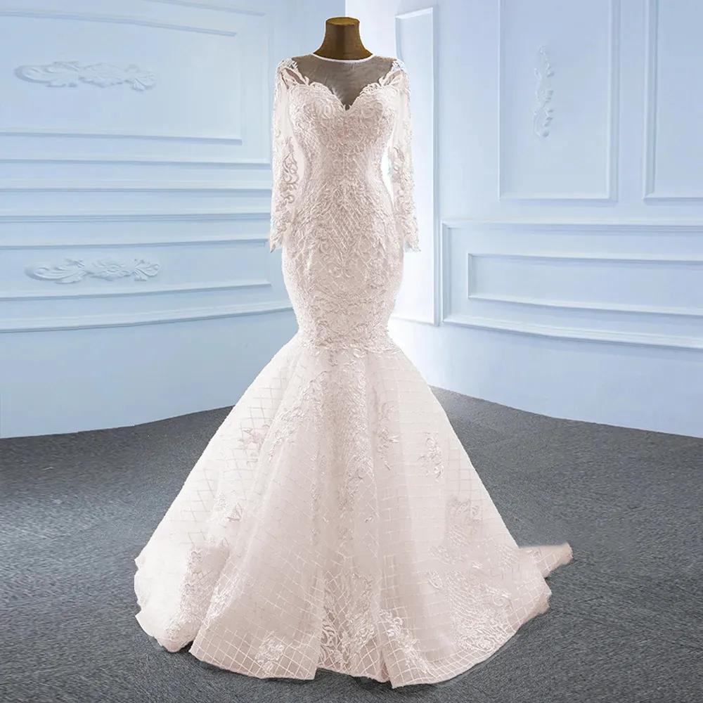 Luxury Long Sleeve Mermaid Wedding Dress with Detachable Train Lace Up Back