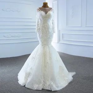 Luxury Long Sleeve Mermaid Wedding Dress with Detachable Train Lace Up Back