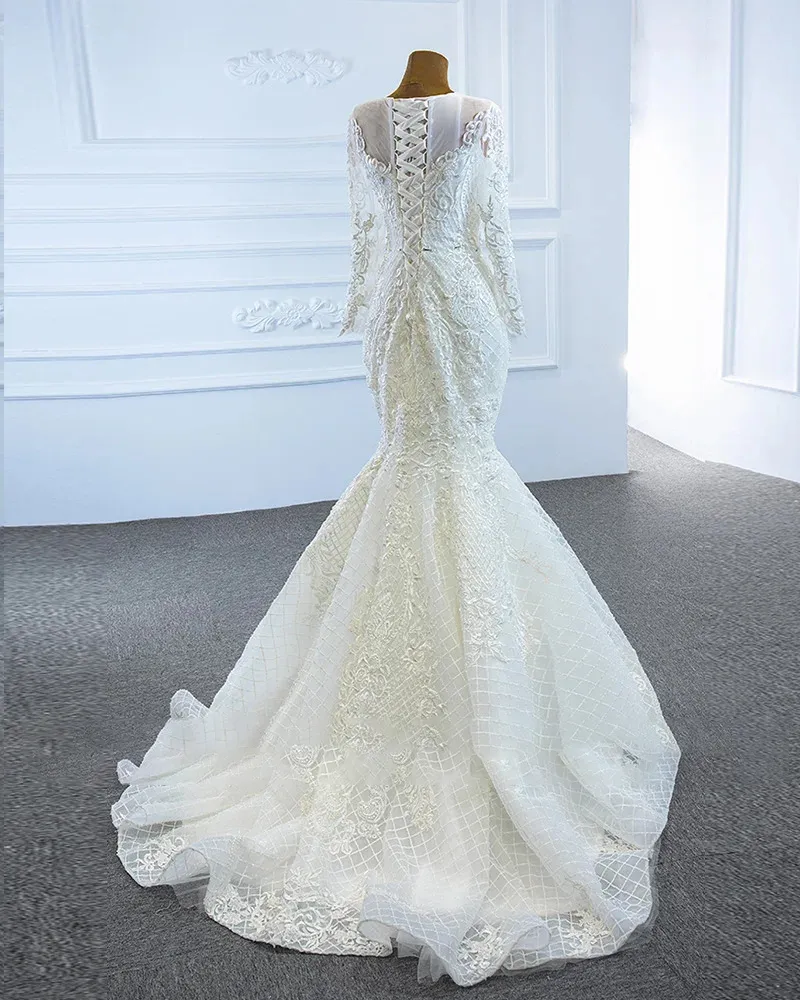 Luxury Long Sleeve Mermaid Wedding Dress with Detachable Train Lace Up Back