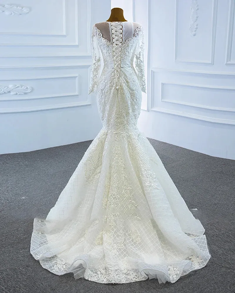 Luxury Long Sleeve Mermaid Wedding Dress with Detachable Train Lace Up Back