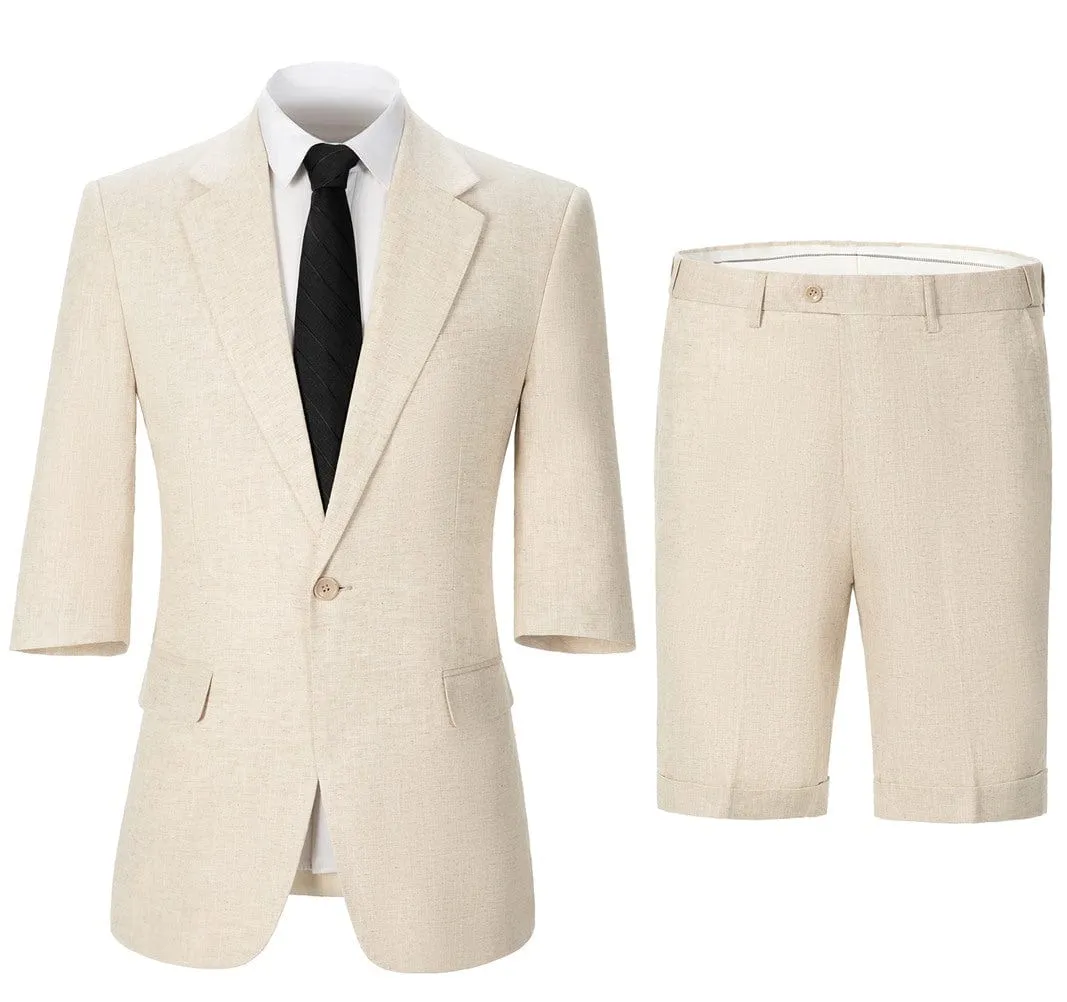 Men's Cotton and Linen Solid Notch Lapel Suit Suit Shorts Two-piece Set