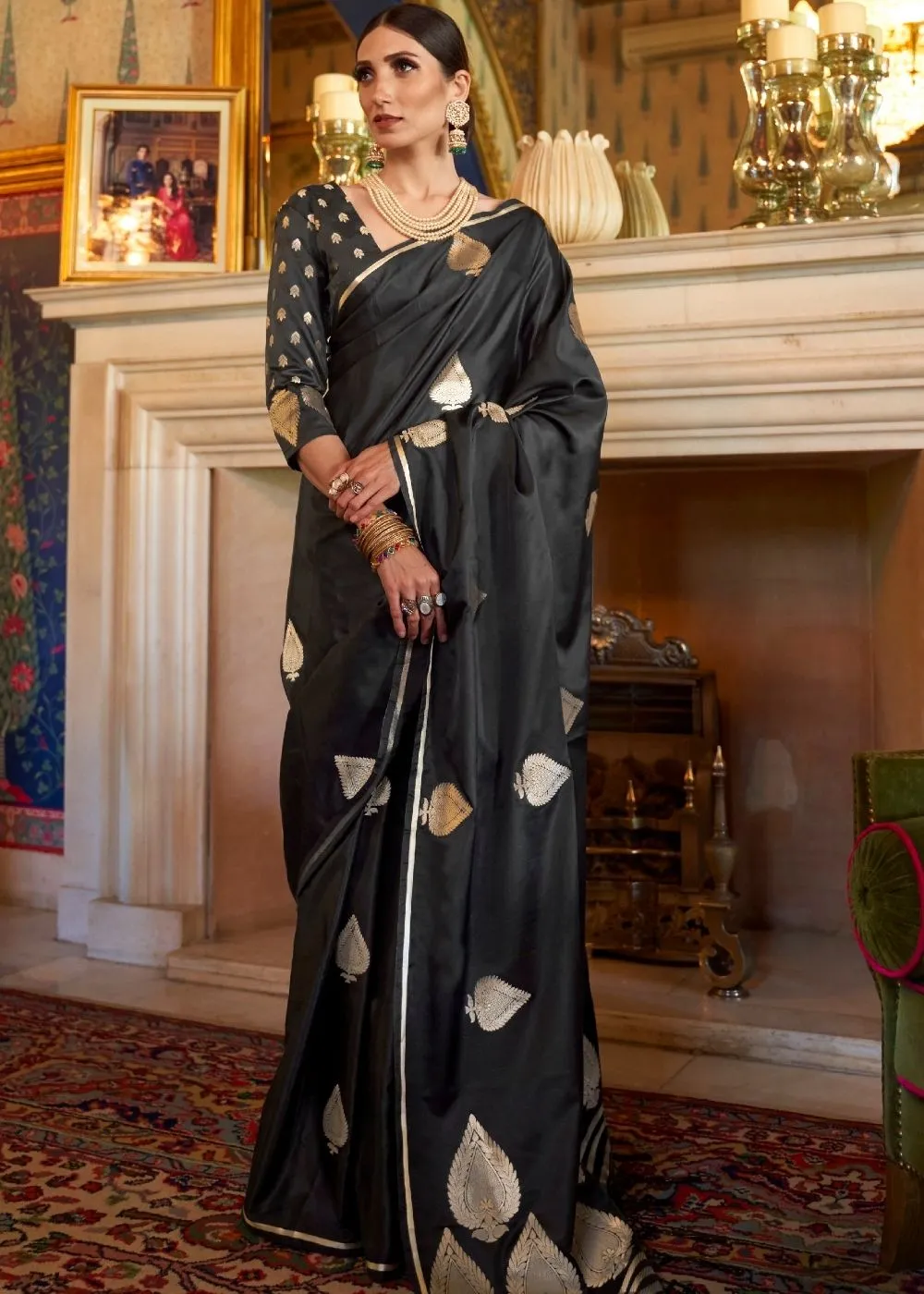 Midnight Black Zari Butta Woven Banarasi Silk Saree : Top Pick