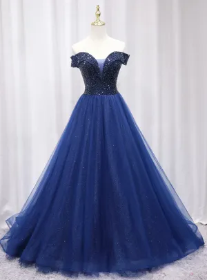 Navy Blue Off the Shoulder Beading Prom Dress