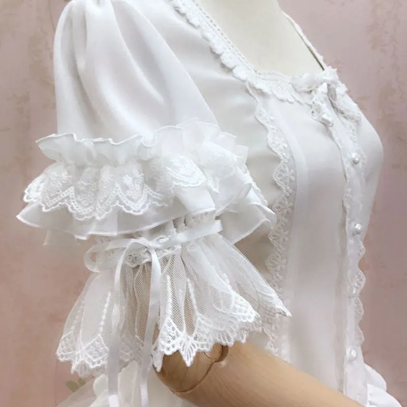 New Half Flare Sleeve Women's White Blouse Sweet Square Collar Button Down Shirt by Yiliya